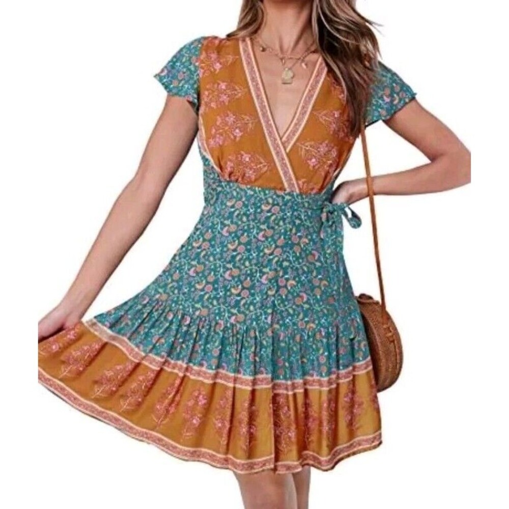 Womens Wrap Dress Blue Floral Deep V Neck Angel Sleeve Large NWT